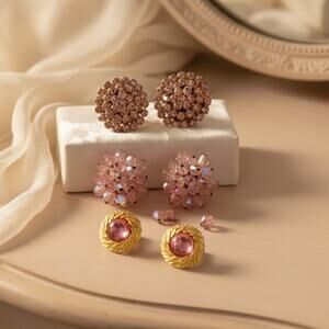 Vintage Clip-On Earring Trio Pink Rhinestone & Beaded Cluster Set
